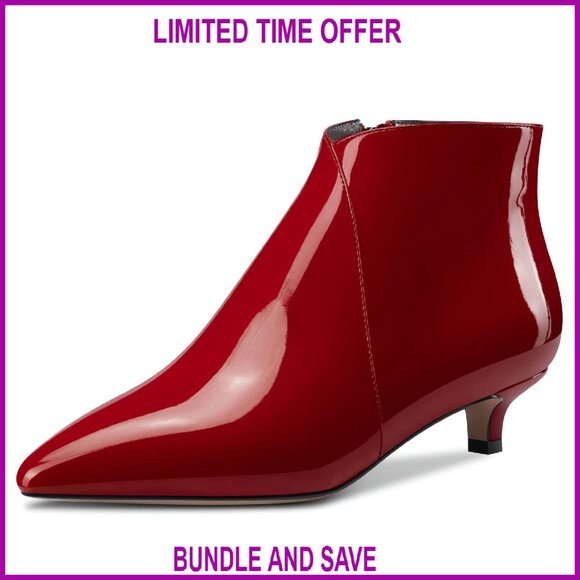 Shoes - Women's Patent Ankle Boots Pointed Toe 1.5 Inch Kitten Heel Zipper Dress Shoes